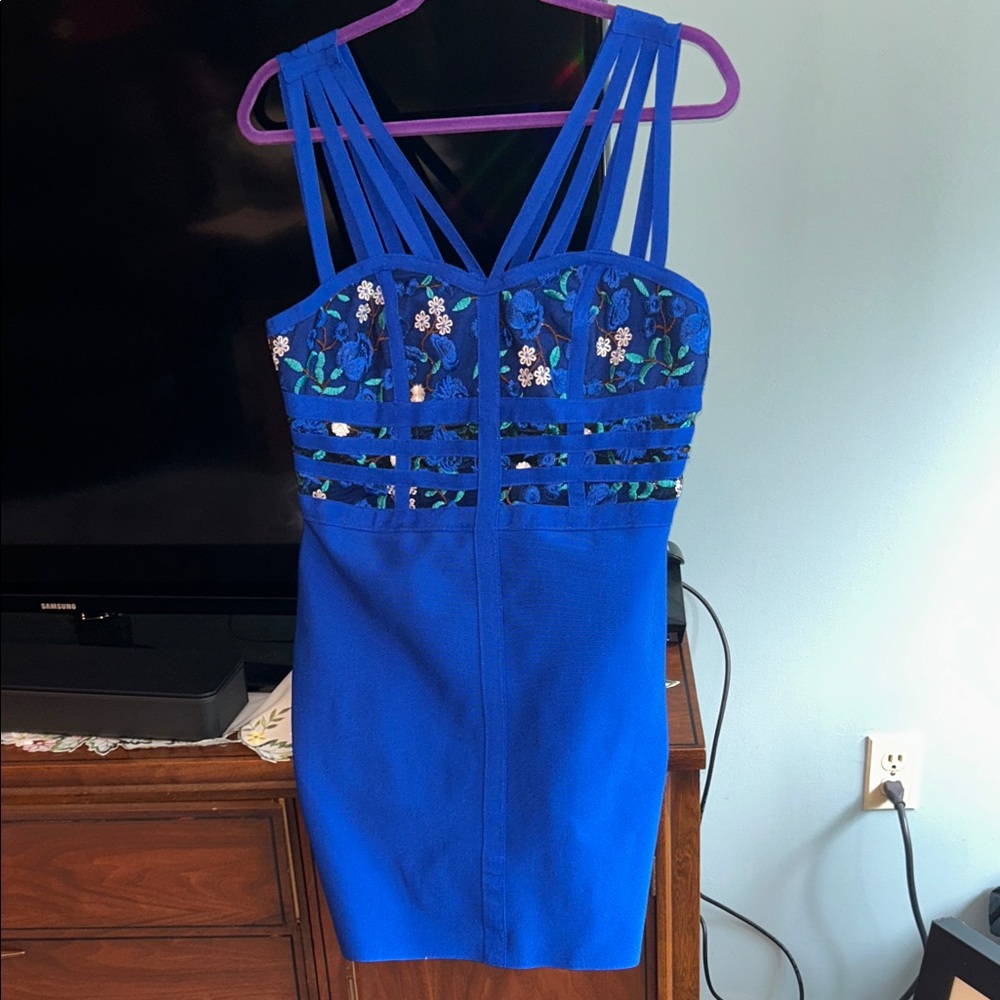 WOW Couture Royal Blue Floral Mini Dress Very Sexy -Size L Brand new (Boutique) - Picture 4 of 6